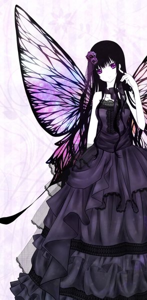 Anime picture 1000x2037 with original yuuki. single long hair tall image fringe black hair standing purple eyes hair flower insect wings butterfly wings girl dress hair ornament flower (flowers) ribbon (ribbons) wings choker purple dress
