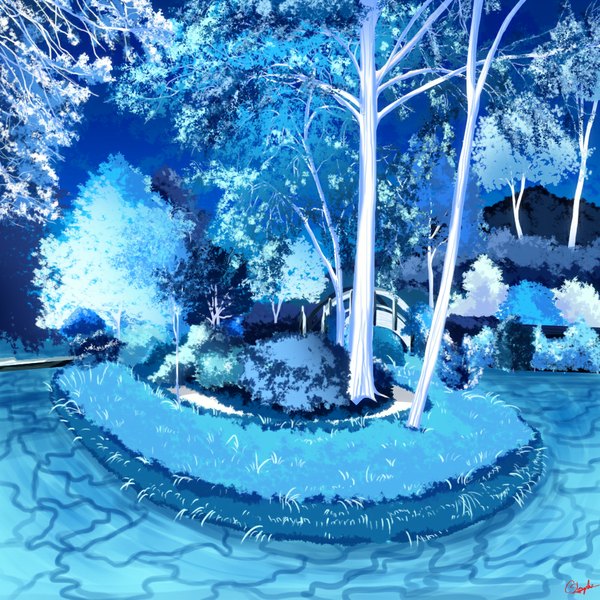 Anime picture 1000x1000 with original oioi3125 night sky landscape river plant (plants) tree (trees) water grass bridge path