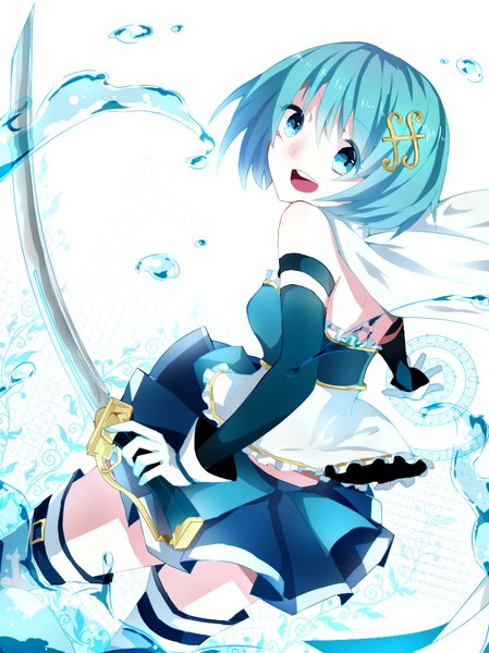 Anime-Bild 805x1076 mit mahou shoujo madoka magica shaft (studio) miki sayaka nana colors single tall image looking at viewer short hair open mouth blue eyes white background blue hair looking back magical girl girl thighhighs gloves weapon white thighhighs sword