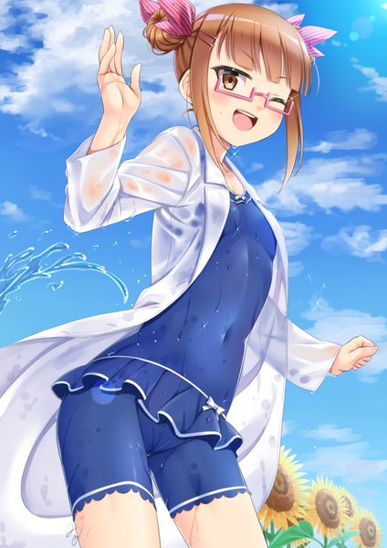 Anime picture 827x1169 with idolmaster idolmaster cinderella girls ikebukuro akiha miri (ago550421) single tall image looking at viewer blush open mouth brown hair brown eyes signed payot sky cloud (clouds) one eye closed wink wet hair bun (hair buns) covered navel