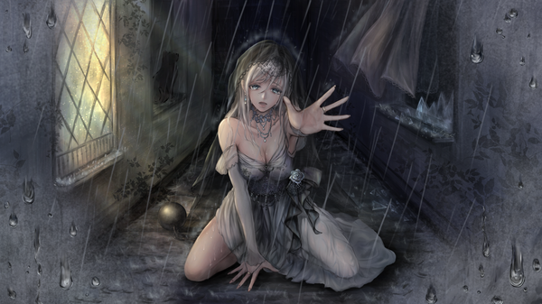 Anime picture 3000x1688 with original nyaon oekaki single long hair looking at viewer fringe highres open mouth hair between eyes wide image bare shoulders cleavage silver hair :d off shoulder arm support wet grey eyes tears kneeling