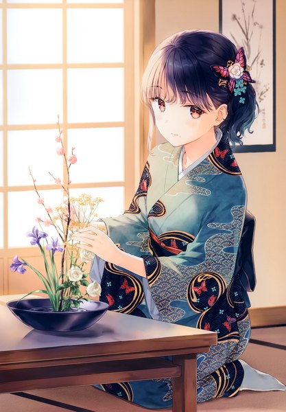 Anime picture 2406x3464 with original hiten (hitenkei) single tall image blush fringe highres short hair black hair smile red eyes sitting holding signed looking away full body indoors blunt bangs traditional clothes japanese clothes