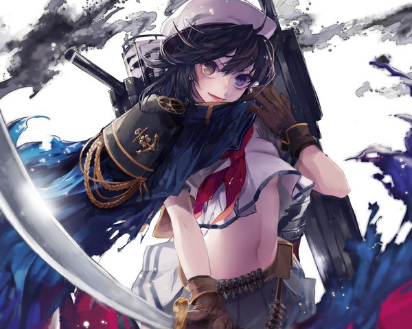 Anime picture 800x640 with kantai collection kiso light cruiser yukisame single looking at viewer short hair light erotic black hair smile wind no bra bare belly heterochromia girl gloves navel uniform weapon sword serafuku