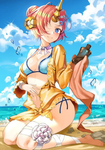 Anime picture 4000x5698 with fate (series) fate/grand order fate/apocrypha frankenstein's monster (fate) frankenstein's monster (swimsuit saber) (fate) harusame (user wawj5773) single tall image looking at viewer blush fringe highres short hair breasts blue eyes light erotic smile large breasts sitting bare shoulders