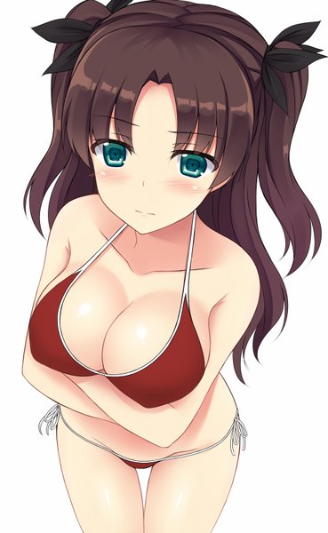 Anime picture 1000x1625 with fate (series) fate/stay night type-moon toosaka rin mizunashi kenichi single long hair tall image blush breasts light erotic black hair simple background white background green eyes cleavage girl bow swimsuit hair bow