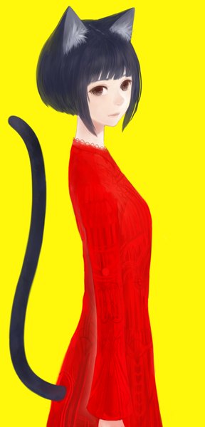 Anime picture 1056x2200 with original bounin single tall image fringe short hair simple background standing brown eyes animal ears tail animal tail lips cat ears cat girl cat tail yellow background bob cut girl dress