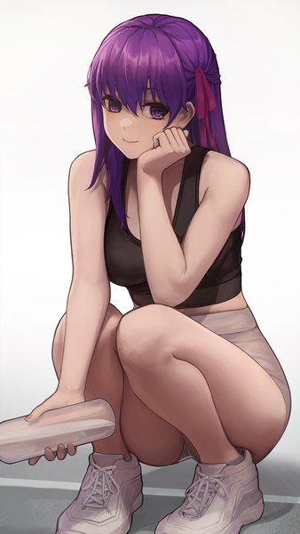 Anime picture 810x1439 with fate (series) fate/stay night matou sakura ola (bunnyfly) single long hair tall image fringe light erotic simple background hair between eyes white background purple eyes holding looking away purple hair full body light smile squat head rest