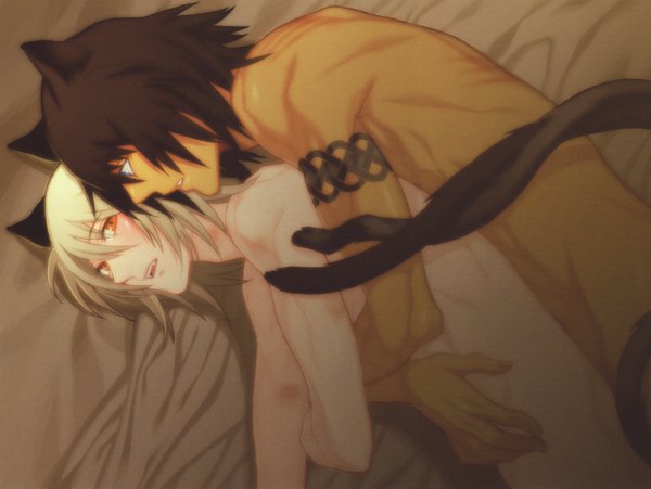 Anime picture 3000x2255 with lamento nitro+chiral konoe asato blush highres short hair open mouth blue eyes light erotic black hair blonde hair red eyes animal ears absurdres teeth cat tail fang (fangs) tattoo couple