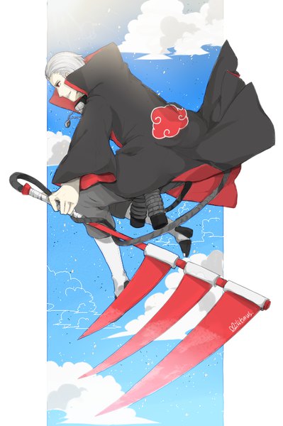 Anime picture 566x850 with naruto studio pierrot naruto (series) hidan -mitus- single tall image short hair smile red eyes holding looking away sky cloud (clouds) full body bent knee (knees) white hair profile teeth jumping