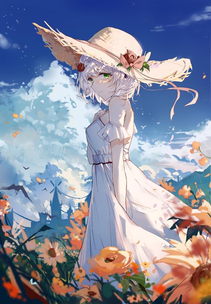 Anime picture 3293x4740 with genshin impact noelle (genshin impact) yajuu single tall image looking at viewer blush fringe highres short hair breasts smile standing bare shoulders green eyes absurdres sky silver hair cloud (clouds) outdoors