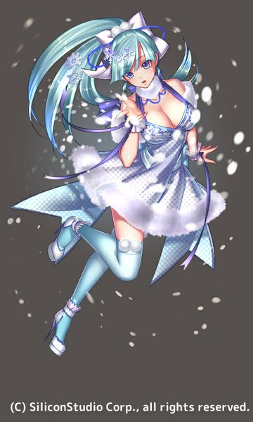 Anime picture 480x800 with original ryuki@maguro-ex long hair tall image blush open mouth blue eyes blue hair full body ponytail snowing girl thighhighs dress bow hair bow pom pom (clothes)