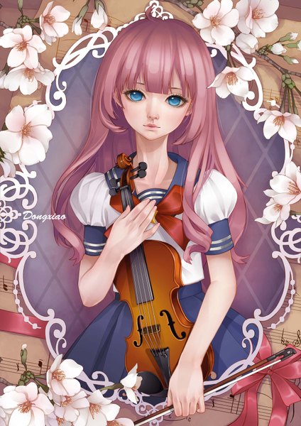 Anime picture 2480x3508 with dong xiao single long hair tall image highres blue eyes signed pink hair framed rhombus girl flower (flowers) bow serafuku violin