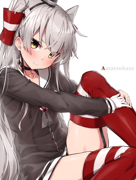 Anime picture 1282x1700 with kantai collection amatsukaze destroyer takanashi kei (hitsujikan) single long hair tall image looking at viewer blush simple background smile white background yellow eyes payot silver hair multicolored hair two-tone hair character names girl thighhighs uniform