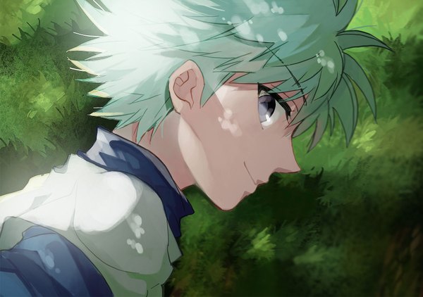 Anime picture 1723x1214 with hunter x hunter killua zaoldyeck kimijima0301 single looking at viewer highres short hair smile upper body profile aqua hair grey eyes green background spiked hair boy