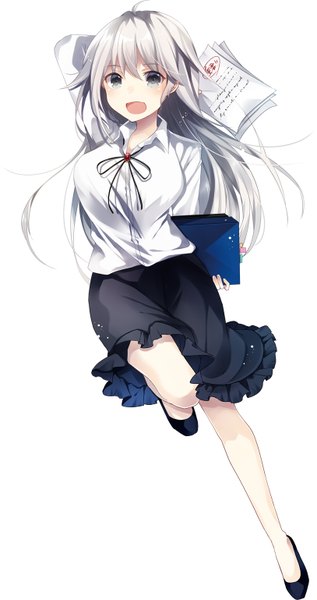 Anime picture 814x1538 with isekai de manabu recruit kusada souta single long hair tall image looking at viewer blush fringe breasts open mouth blue eyes large breasts standing holding full body bent knee (knees) white hair arm up grey eyes standing on one leg