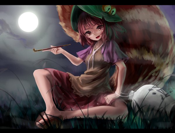 Anime picture 1200x912 with touhou futatsuiwa mamizou kachayori single looking at viewer short hair open mouth brown hair sitting holding brown eyes tail animal tail night arm support night sky girl skirt plant (plants) hat