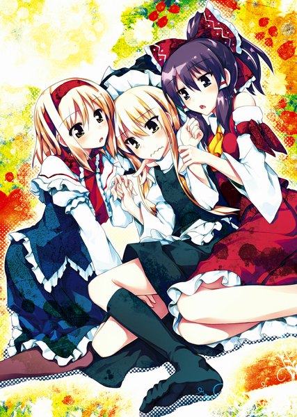 Anime picture 800x1125 with touhou hakurei reimu kirisame marisa alice margatroid sazanami mio long hair tall image blush short hair open mouth blue eyes black hair blonde hair sitting bare shoulders multiple girls yellow eyes black eyes off shoulder embarrassed