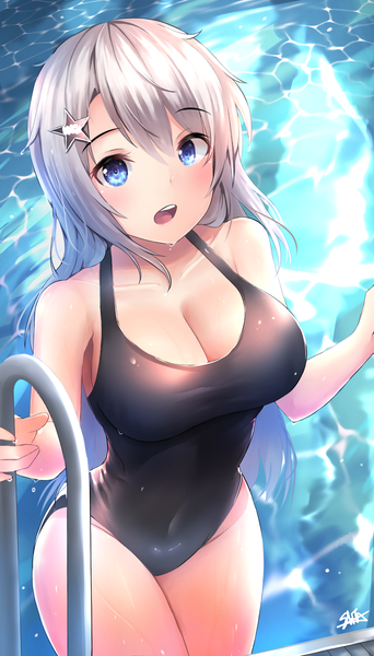 Anime picture 1600x2800 with girls frontline 9a-91 (girls frontline) hiromaster sinta jh single long hair tall image looking at viewer blush fringe breasts open mouth blue eyes light erotic hair between eyes large breasts standing bare shoulders signed cleavage silver hair