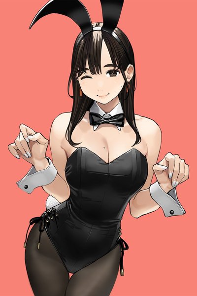 Anime picture 1200x1800 with ganbare douki-chan kouhai-chan (douki-chan) yomu (sgt epper) single long hair tall image breasts light erotic black hair simple background smile large breasts brown eyes animal ears cleavage nail polish one eye closed lips mole thigh gap