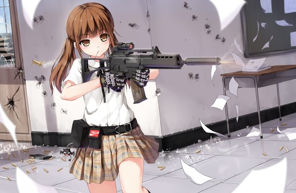 Anime picture 2560x1681 with original hagi (ame hagi) single long hair fringe highres brown hair twintails holding brown eyes pleated skirt wind shadow mouth hold walking shot firing casing ejection girl skirt