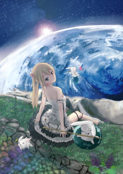 Anime picture 2480x3507 with original b1944 single long hair tall image highres blonde hair red eyes bare shoulders looking back girl dress planet