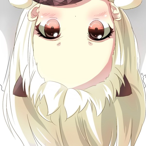 Anime picture 1400x1400 with kantai collection northern ocean hime pentagon (railgun ky1206) single long hair looking at viewer blush fringe red eyes white hair horn (horns) grey background close-up face upside down shinkaisei-kan girl