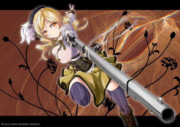 Anime picture 1500x1061 with mahou shoujo madoka magica shaft (studio) tomoe mami s040784 (artist) long hair blush blonde hair twintails yellow eyes drill hair girl thighhighs weapon gun rifle musket