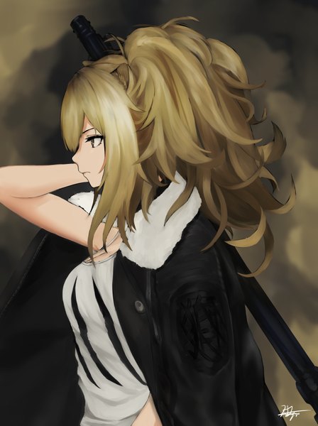 Anime picture 1315x1761 with arknights siege (arknights) chaciooh single long hair tall image fringe simple background brown hair holding brown eyes signed animal ears looking away upper body ponytail profile open jacket fur trim clothes on shoulders