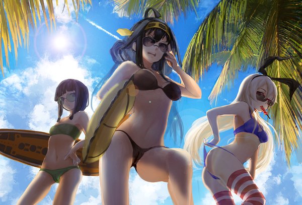 Anime picture 1500x1019 with kantai collection shimakaze destroyer kongou battleship kitakami light cruiser feirla (artist) looking at viewer breasts light erotic black hair blonde hair multiple girls holding payot sky cloud (clouds) ahoge ass from above sunlight alternate costume