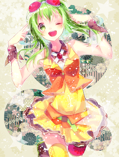 Anime picture 1888x2482 with vocaloid gumi tyanotya single tall image looking at viewer blush highres short hair open mouth bare shoulders green eyes one eye closed green hair wink leg lift (legs lift) goggles on head girl wrist cuffs goggles