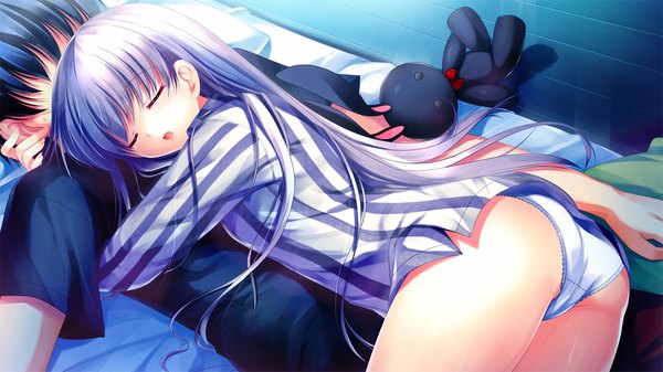 イラスト 1280x720 と suika niritsu (game) 長髪 light erotic wide image game cg white hair eyes closed 女の子 下着 パンティー シャツ