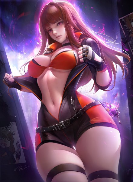 Anime-Bild 3136x4275 mit dungeon and fighter female brawler (dungeon and fighter) flute (artist) single long hair tall image looking at viewer fringe highres breasts light erotic brown hair large breasts standing absurdres cleavage blunt bangs parted lips pink eyes thighs