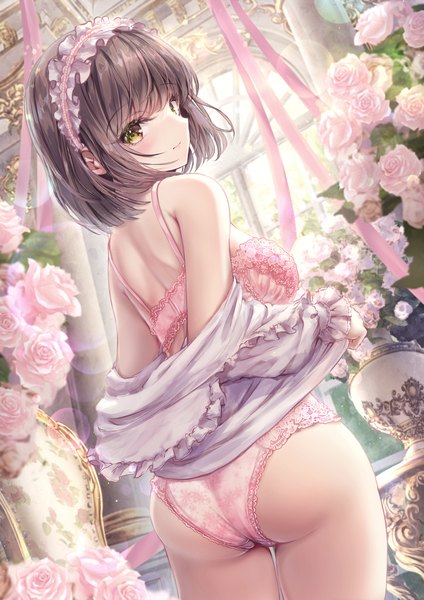 Anime picture 1302x1842 with original missle228 single tall image looking at viewer blush fringe short hair light erotic brown hair standing green eyes ass indoors looking back off shoulder back girl underwear flower (flowers)