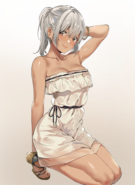 Anime picture 1241x1698 with original yuran (cozyquilt) single tall image looking at viewer blush fringe short hair breasts simple background smile hair between eyes bare shoulders brown eyes cleavage full body ponytail arm up grey hair kneeling