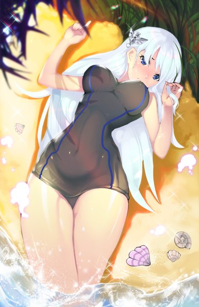 Anime picture 2183x3372 with sword girls jjanda single long hair tall image looking at viewer blush fringe highres breasts blue eyes light erotic large breasts bare shoulders white hair lying from above bare legs shadow embarrassed