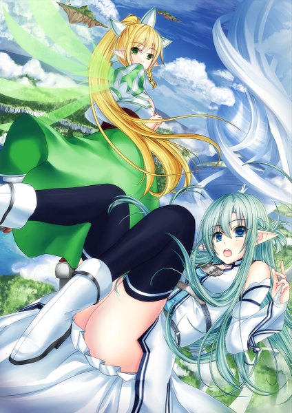 Anime picture 1697x2400 with sword art online a-1 pictures yuuki asuna leafa asuna (sao-alo) rayxray long hair tall image open mouth blue eyes blonde hair multiple girls green eyes blue hair cloud (clouds) ponytail pointy ears legs flying girl