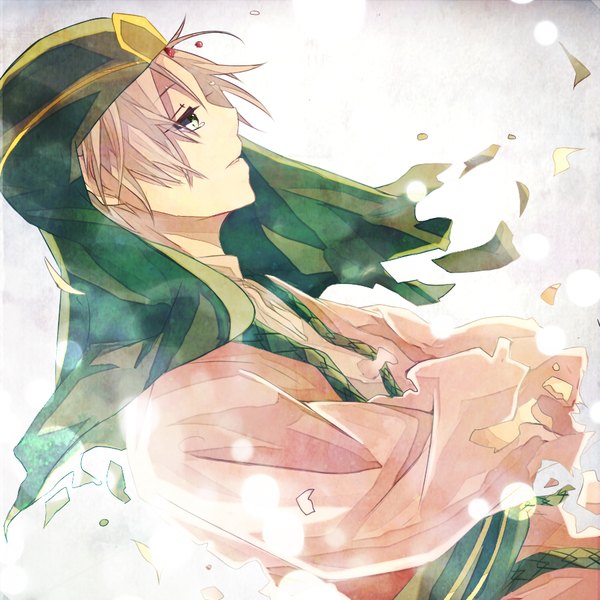 Anime picture 900x900 with magi the labyrinth of magic a-1 pictures ja'far (magi) omamon single short hair green eyes traditional clothes parted lips profile wind grey hair grey background tears torn clothes boy arabian clothes