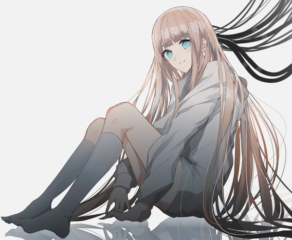 Anime picture 1200x986 with original swav single looking at viewer blush fringe simple background blonde hair smile sitting bent knee (knees) blunt bangs very long hair head tilt aqua eyes grey background no shoes reflection girl socks
