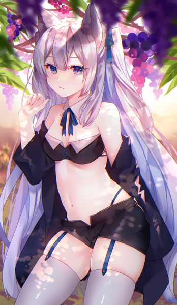 Anime picture 2109x3637 with original sadao4a single long hair tall image looking at viewer blush fringe highres breasts blue eyes light erotic hair between eyes standing bare shoulders cleavage parted lips grey hair blurry off shoulder