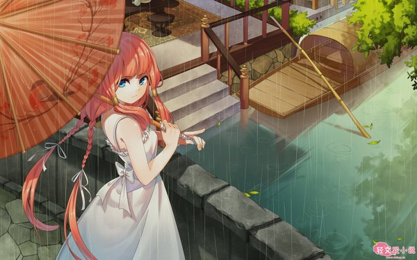 Anime picture 1920x1200 with original de da xianyu single long hair looking at viewer fringe highres blue eyes standing bare shoulders holding pink hair blunt bangs braid (braids) looking back from above from behind shadow sleeveless watermark