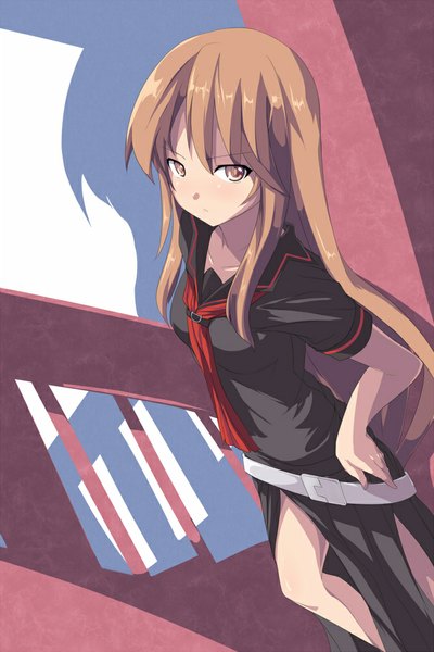 Anime picture 666x1000 with ookami-san to shichinin no nakama-tachi j.c. staff ookami ryouko saiste single long hair tall image looking at viewer blush simple background brown hair brown eyes shadow hand on hip girl dress necktie stairs