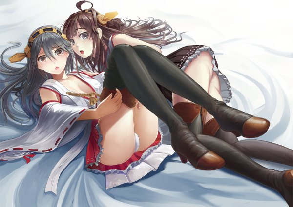 Anime picture 1200x851 with kantai collection kongou battleship haruna battleship ??? (artist) long hair looking at viewer blush open mouth light erotic black hair brown hair bare shoulders multiple girls brown eyes ahoge traditional clothes nontraditional miko girl hair ornament underwear