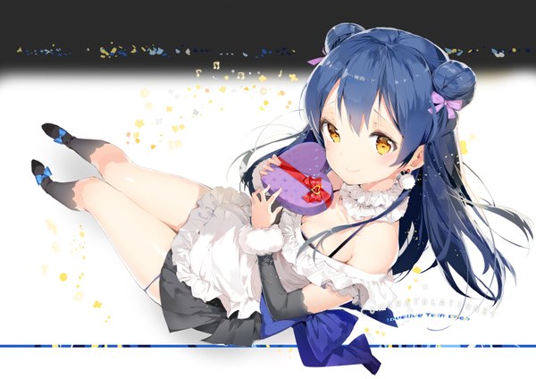 Anime picture 1403x992 with love live! school idol project sunrise (studio) love live! sonoda umi anmi deta single long hair looking at viewer light erotic smile bare shoulders yellow eyes blue hair girl dress detached sleeves socks frills black socks