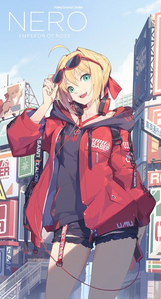 Anime-Bild 700x1300 mit fate (series) fate/grand order fate/extra nero claudius (fate) nero claudius (fate/extra) nian (zhanian) single tall image looking at viewer blush fringe short hair open mouth blonde hair hair between eyes standing holding green eyes payot sky