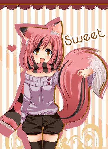 Anime picture 2894x3996 with original h-neko francisca painemal single tall image looking at viewer highres short hair open mouth standing bare shoulders animal ears yellow eyes pink hair animal tail girl thighhighs black thighhighs shorts heart