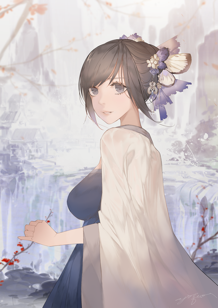 Anime picture 1074x1518 with original ajahweea single tall image looking at viewer fringe short hair breasts brown hair standing signed payot outdoors looking back grey eyes turning head waterfall girl hair ornament water