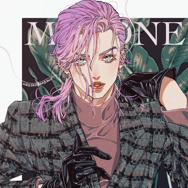 Anime picture 1000x1000 with jojo no kimyou na bouken melone hagiko single long hair looking at viewer blue eyes signed pink hair upper body parted lips character names lipstick red lipstick fashion boy gloves earrings black gloves turtleneck