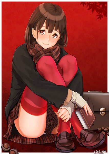 Anime picture 652x921 with original nanahime (aoi) single long hair tall image looking at viewer blush light erotic smile brown hair brown eyes pantyshot red background girl thighhighs skirt underwear panties miniskirt scarf