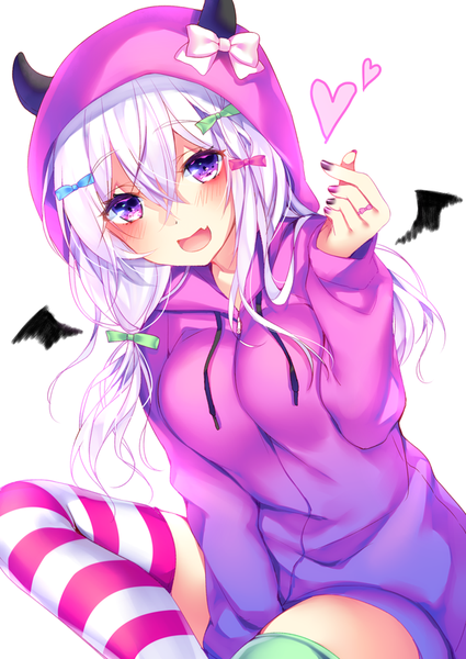 Anime picture 627x885 with original sorai shin'ya single long hair tall image looking at viewer blush fringe breasts open mouth simple background smile hair between eyes large breasts white background sitting purple eyes payot bent knee (knees) white hair