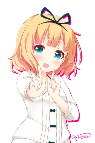 Anime picture 2133x3212 with gochuumon wa usagi desu ka? white fox kirima sharo yasaka (astray l) single tall image looking at viewer blush fringe highres short hair open mouth simple background blonde hair smile white background signed upper body blunt bangs long sleeves